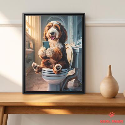 Bernedoodle on the Toilet with a Smartphone