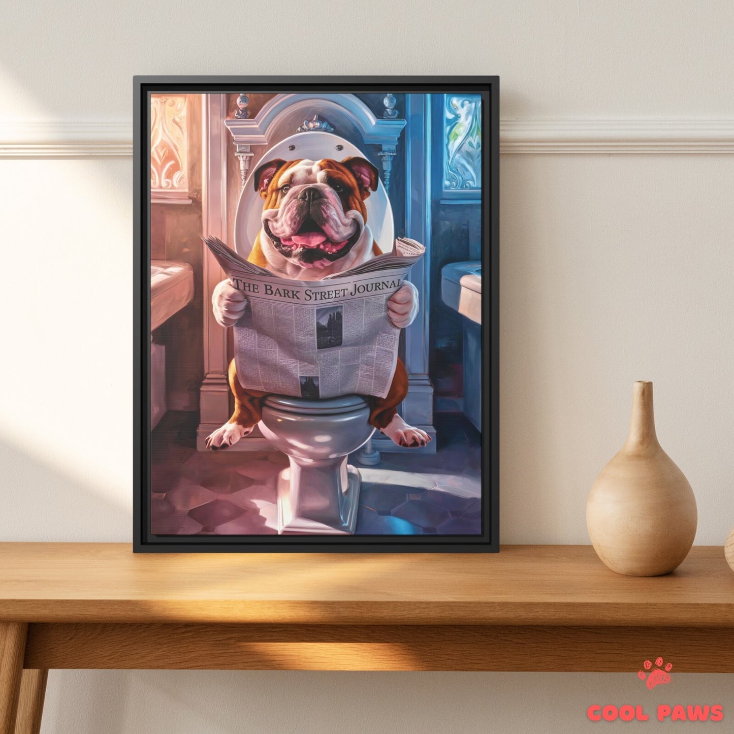 English Bulldog Reading the Newspaper on the Toilet