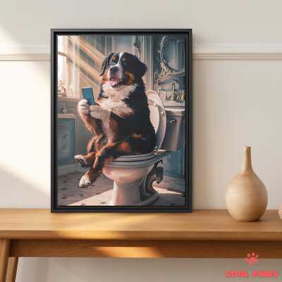 Bernese Mountain Dog on the Toilet with a Smartphone