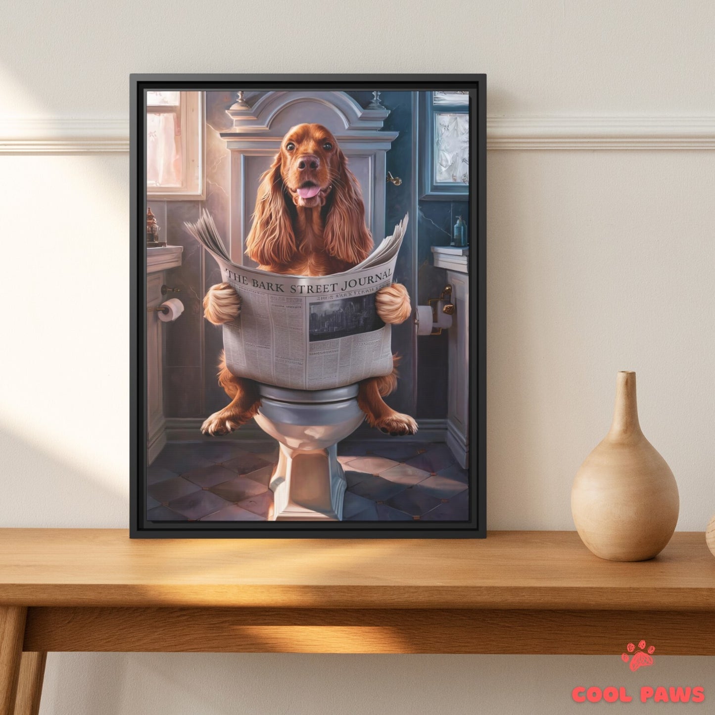 Cocker Spaniel Reading the Newspaper on the Toilet