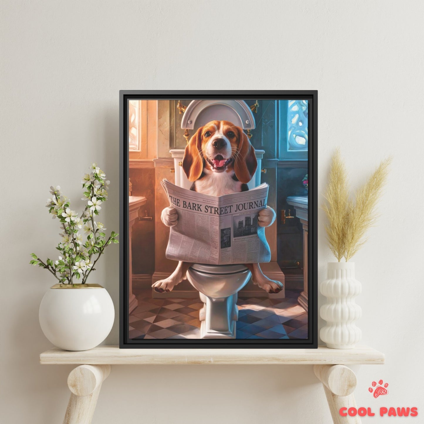 Beagle Reading the Newspaper on the Toilet