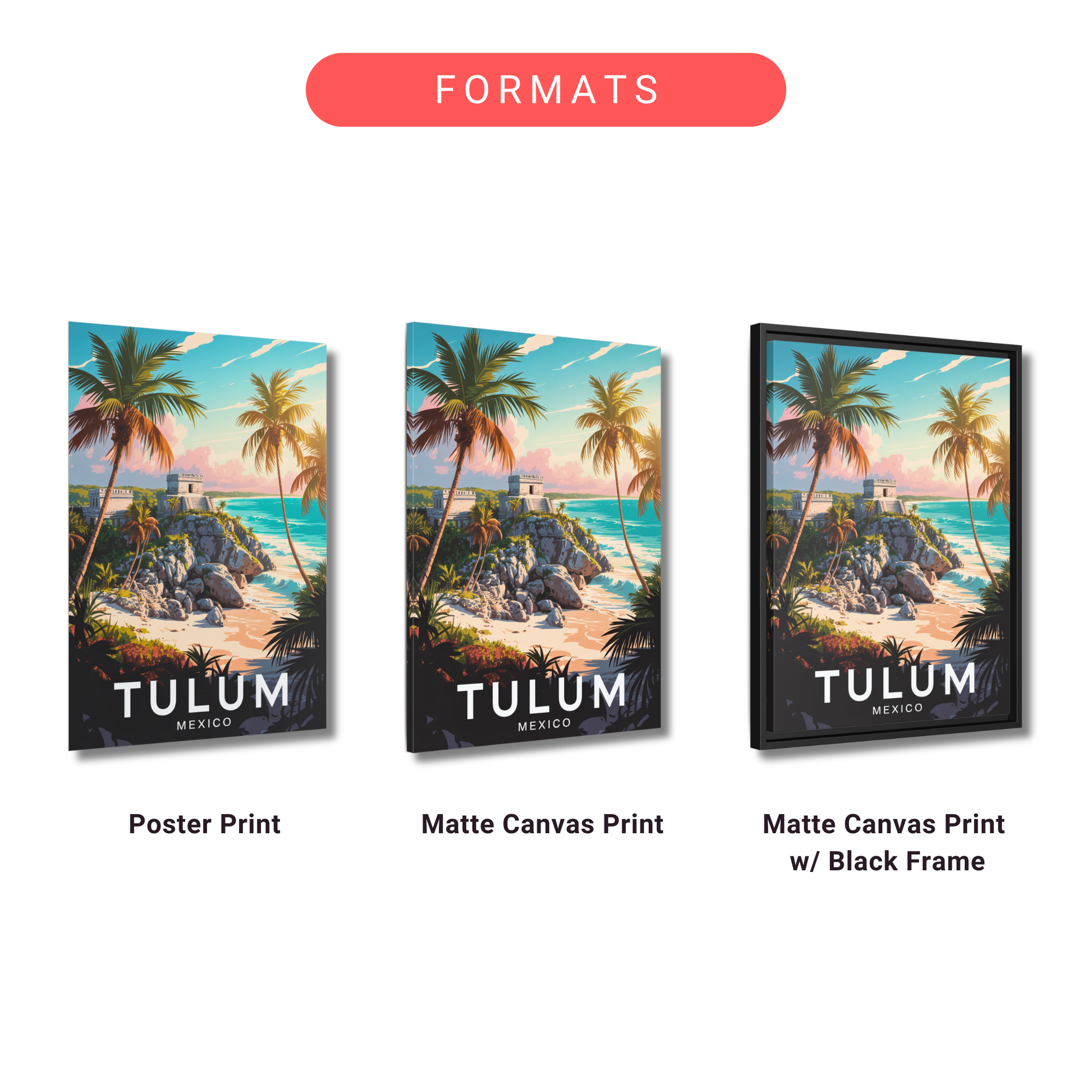 three different formats of a tropical beach scene, including a poster print, a matte canvas print, and a matte canvas print framed in a black frame.
