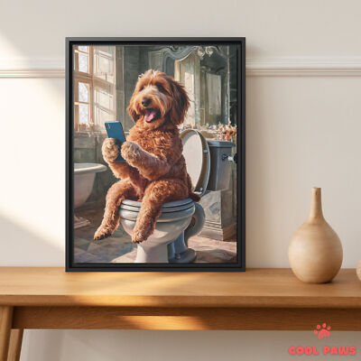 Goldendoodle (Dark) on the Toilet with a Smartphone