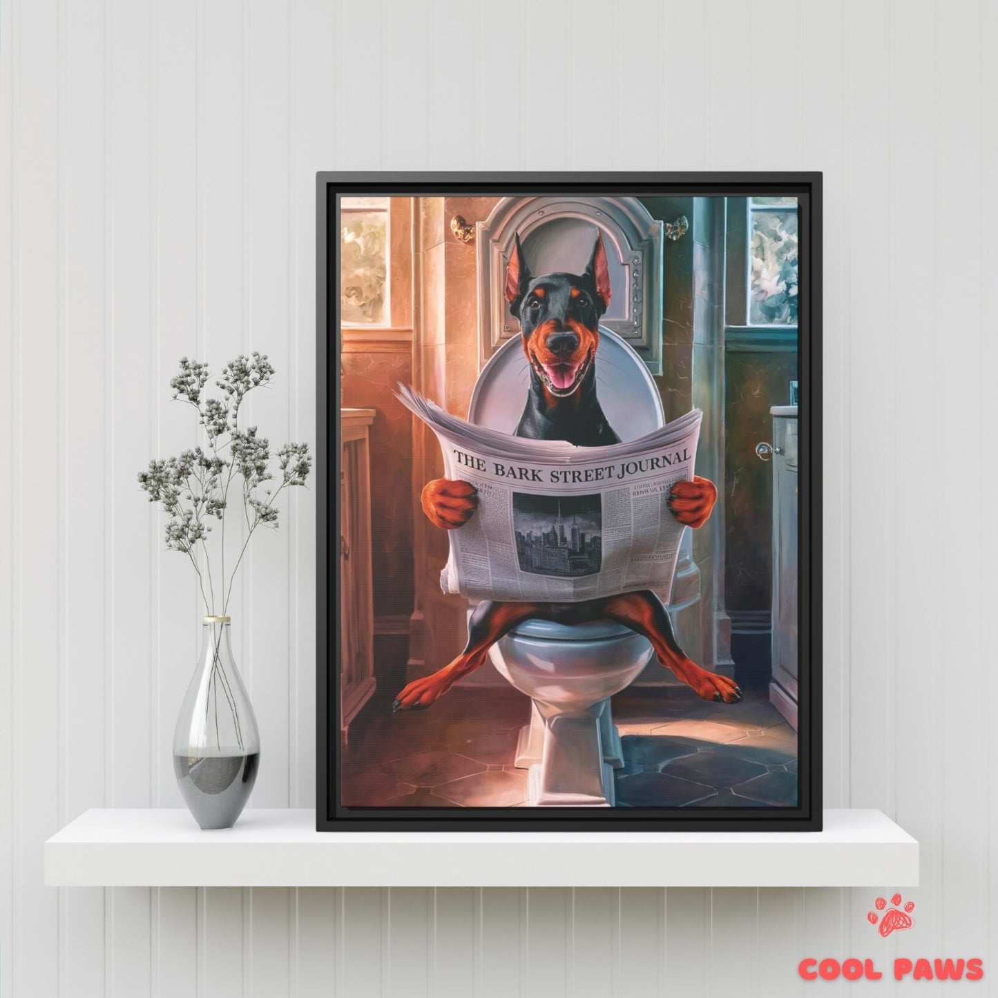 Doberman Reading the Newspaper on the Toilet