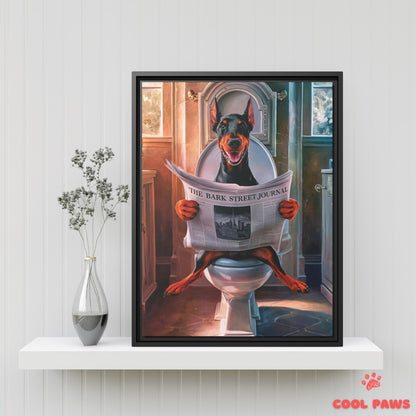 Doberman Reading the Newspaper on the Toilet