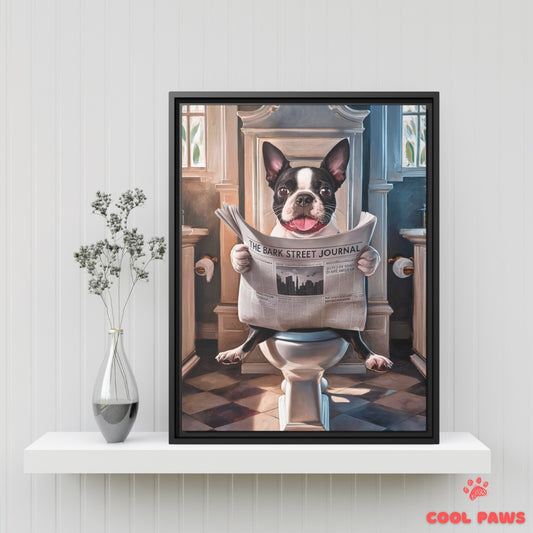 Boston Terrier Reading the Newspaper on the Toilet