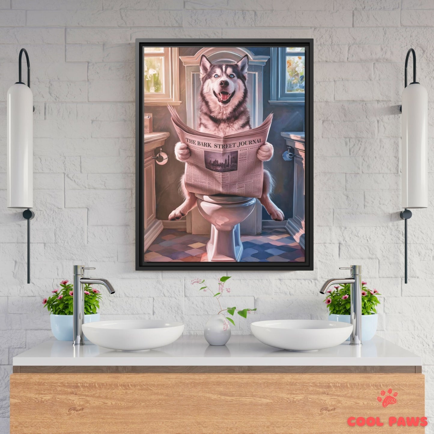 Husky Reading the Newspaper on the Toilet