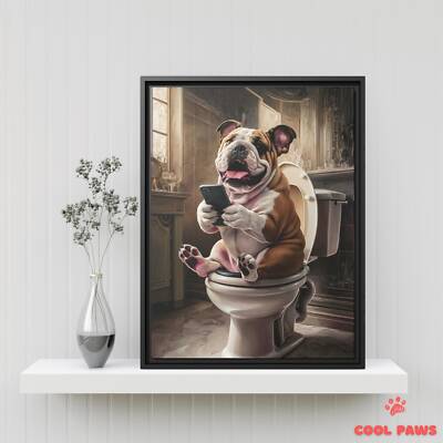 English Bulldog on the Toilet with a Smartphone