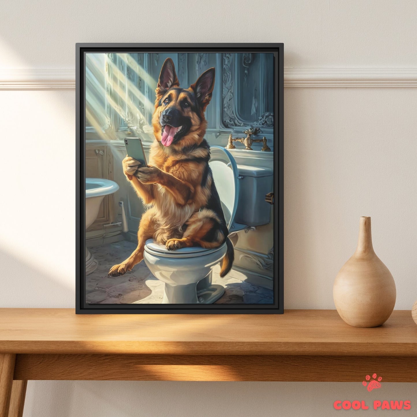 German Shepherd on the Toilet with a Smartphone