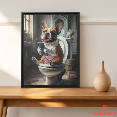 French Bulldog on the Toilet with a Smartphone
