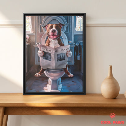 Pit Bull Reading the Newspaper on the Toilet