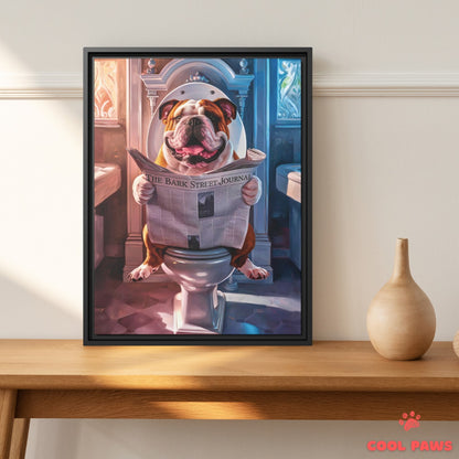 English Bulldog Reading the Newspaper on the Toilet
