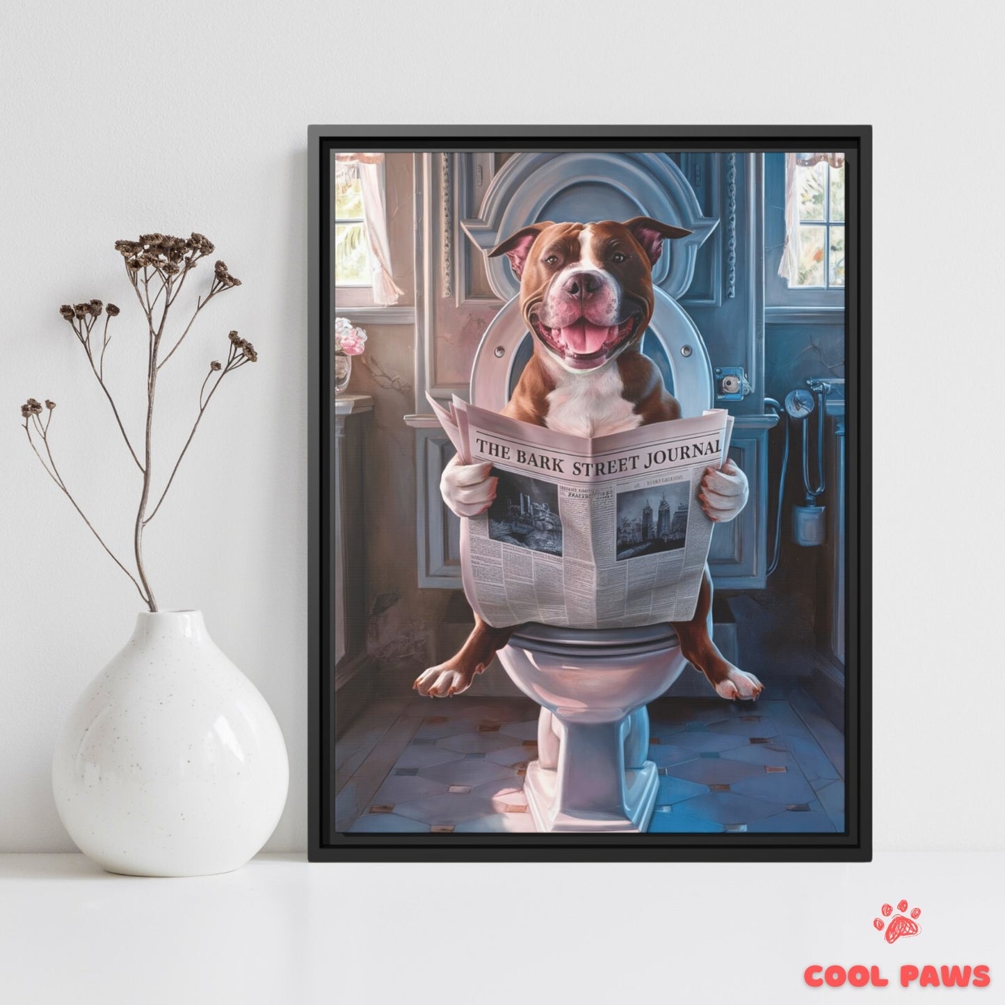 Pit Bull Reading the Newspaper on the Toilet