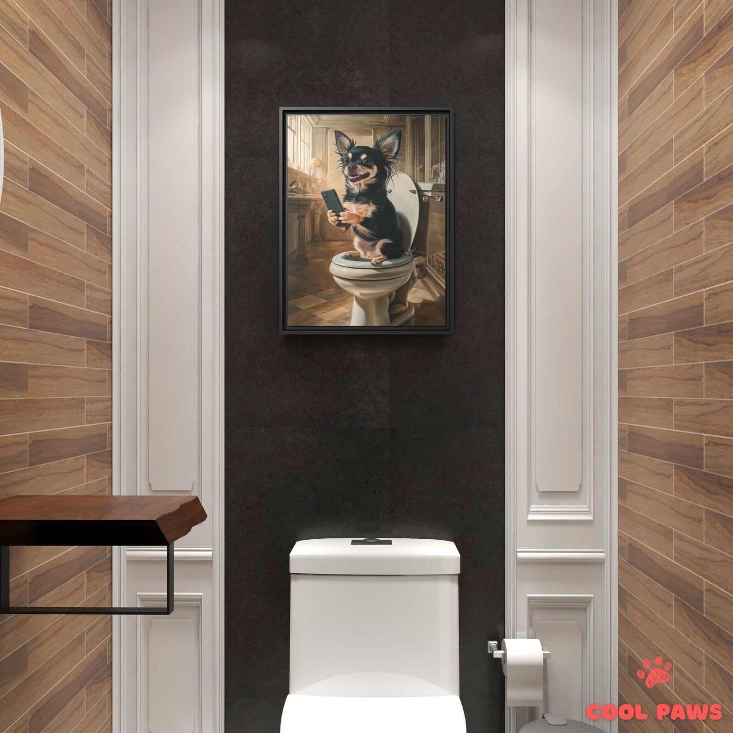 Chihuahua on the Toilet with a Smartphone