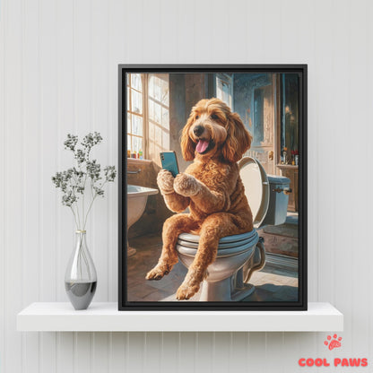 Goldendoodle on the Toilet with a Smartphone