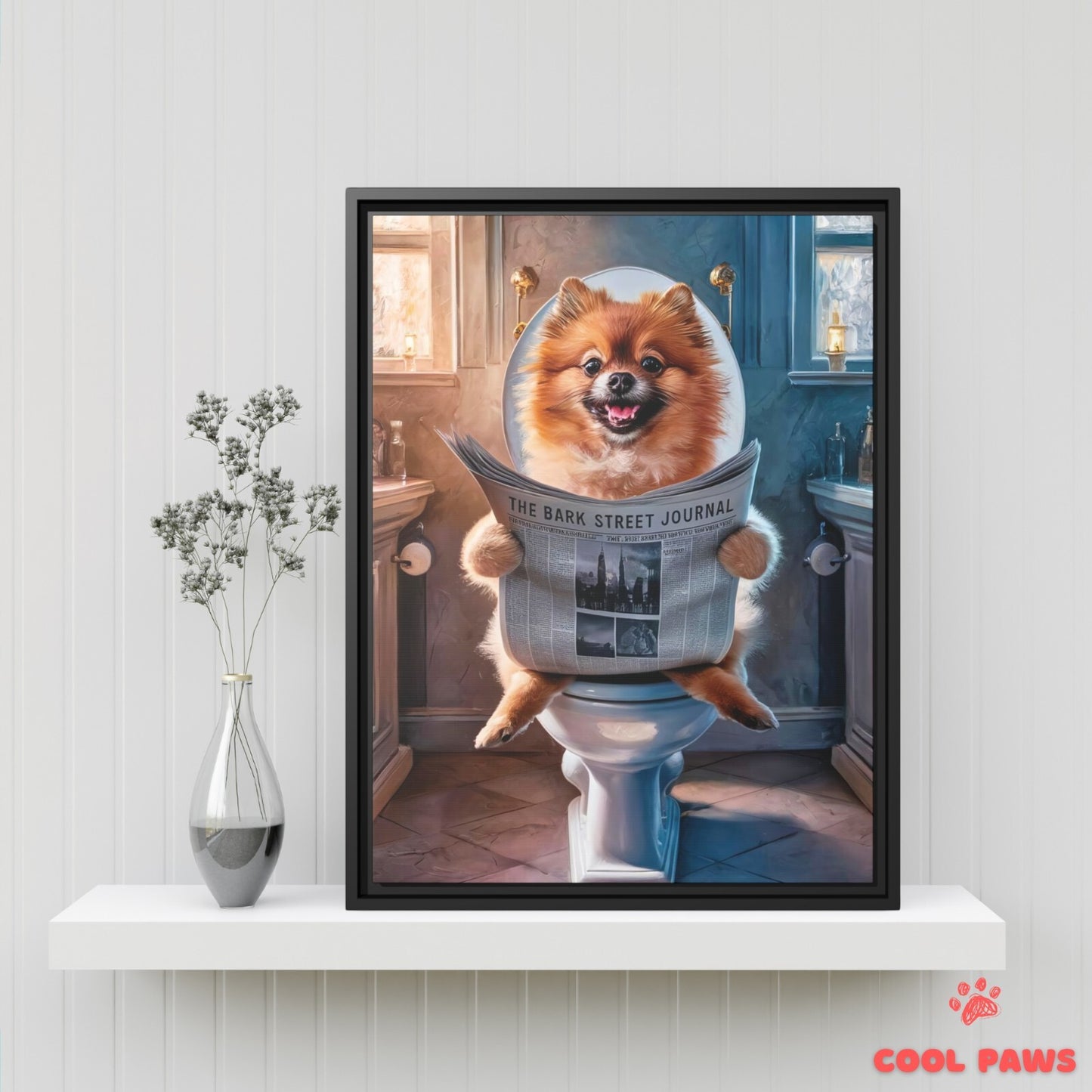 Pomeranian Reading the Newspaper on the Toilet