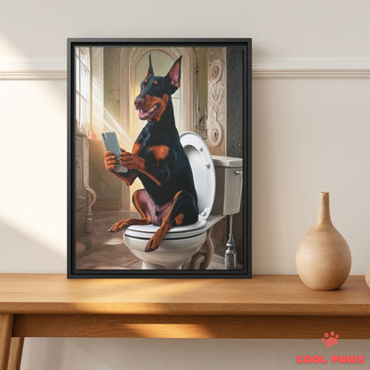 Doberman on the Toilet with a Smartphone