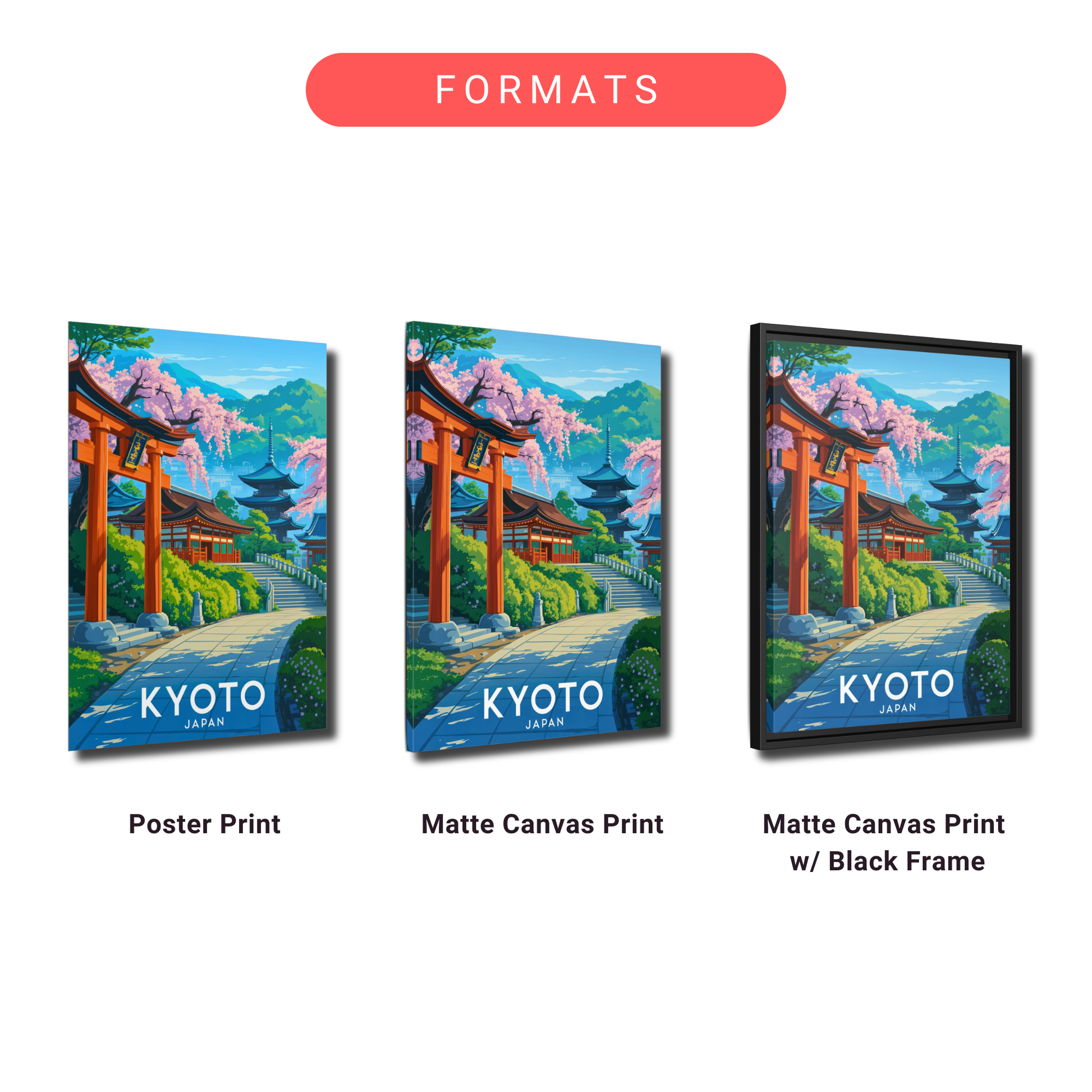 three different formats of a painting of a Japanese temple, including a poster print, a matte canvas print, and a black frame.