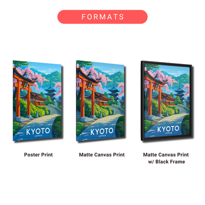 three different formats of a painting of a Japanese temple, including a poster print, a matte canvas print, and a black frame.
