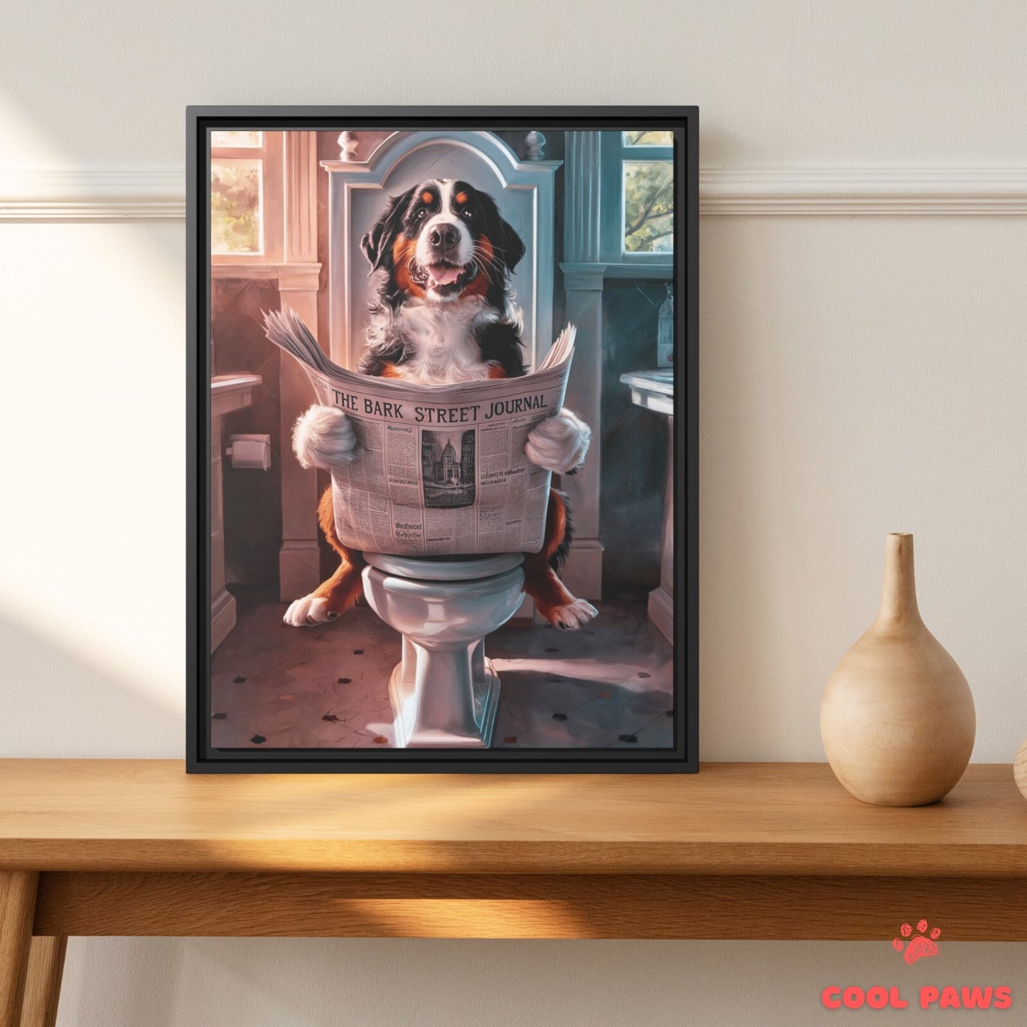 Bernese Mountain Dog Reading the Newspaper on the Toilet