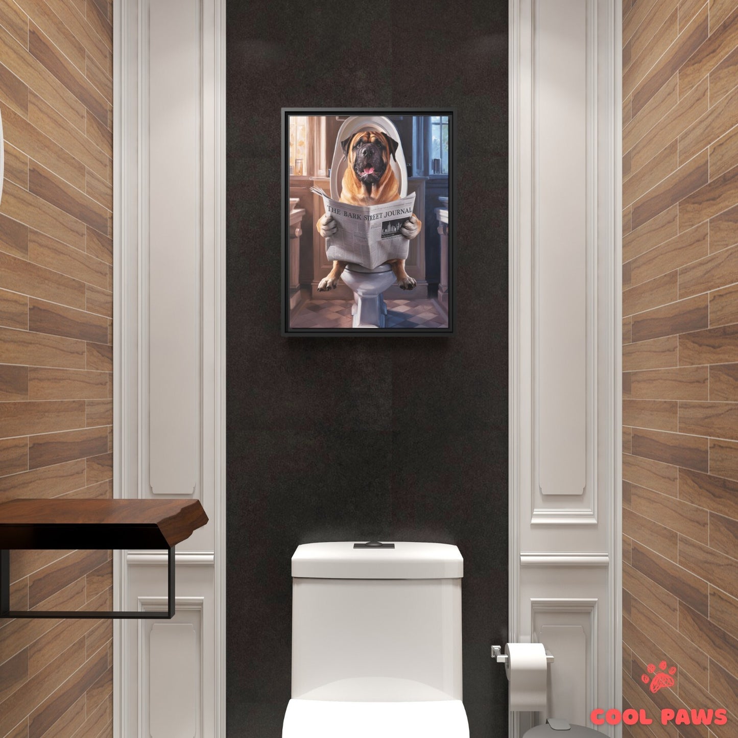 Mastiff Reading the Newspaper on the Toilet