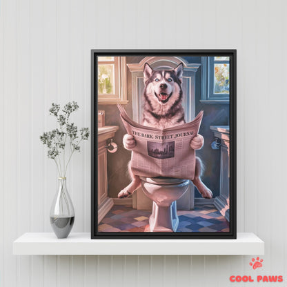 Husky Reading the Newspaper on the Toilet