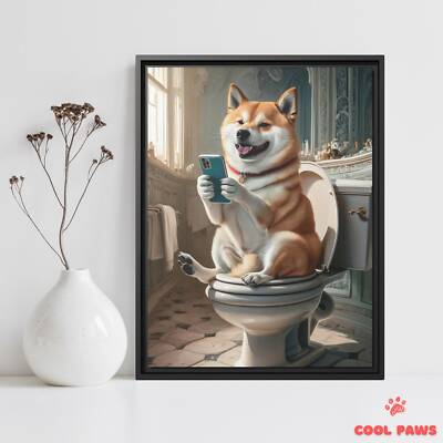 Shiba Inu on the Toilet with a Smartphone