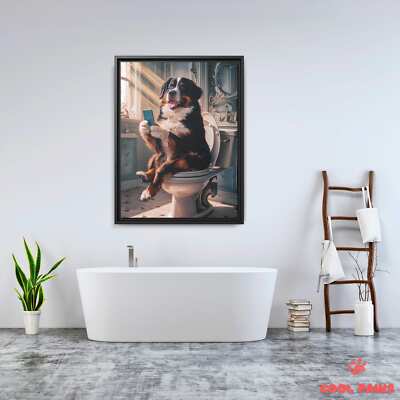 Bernese Mountain Dog on the Toilet with a Smartphone