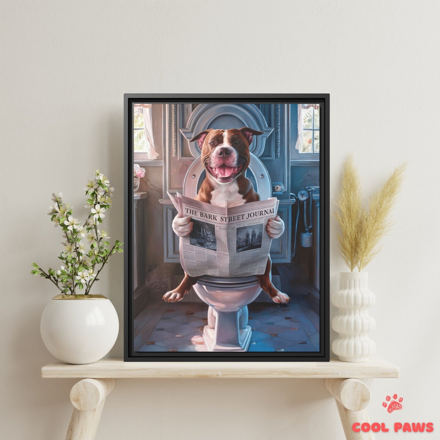 Pit Bull Reading the Newspaper on the Toilet