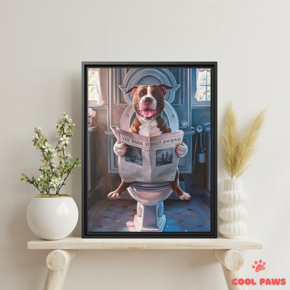 Pit Bull Reading the Newspaper on the Toilet