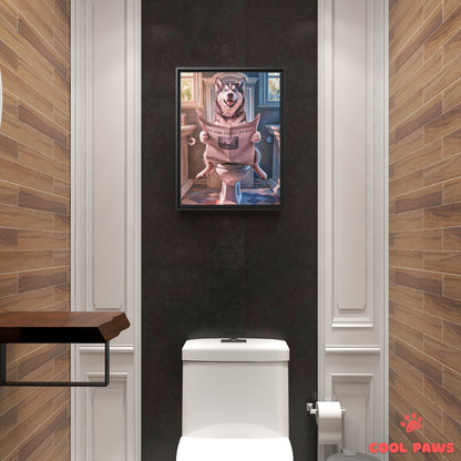 Husky Reading the Newspaper on the Toilet