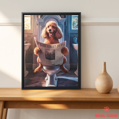 Poodle Reading the Newspaper on the Toilet