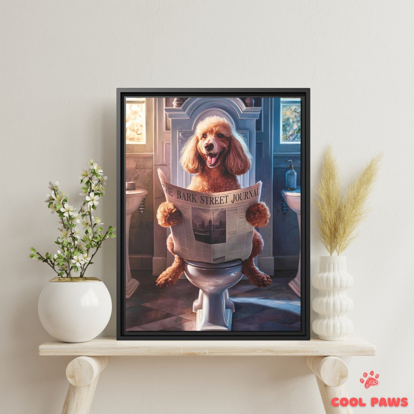 Poodle Reading the Newspaper on the Toilet