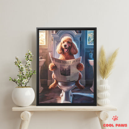 Poodle Reading the Newspaper on the Toilet