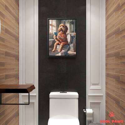Goldendoodle (Dark) on the Toilet with a Smartphone