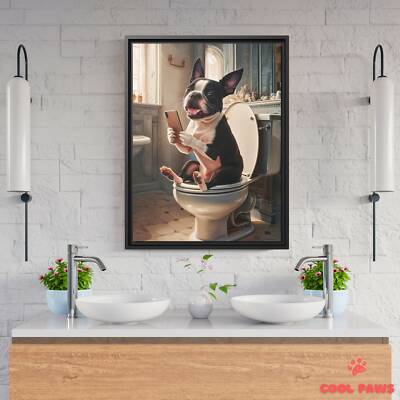 Boston Terrier on the Toilet with a Smartphone
