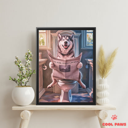 Husky Reading the Newspaper on the Toilet