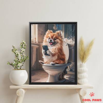 Pomeranian on the Toilet with a Smartphone