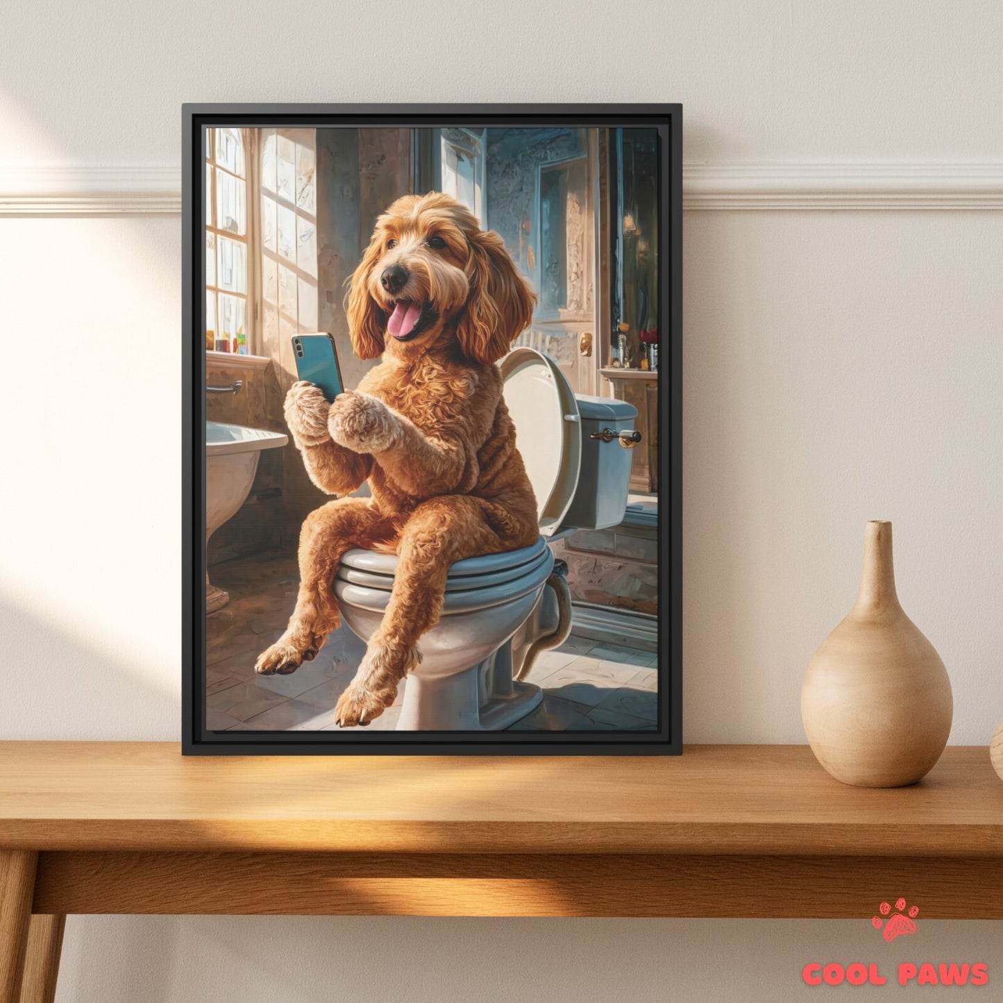 Goldendoodle on the Toilet with a Smartphone