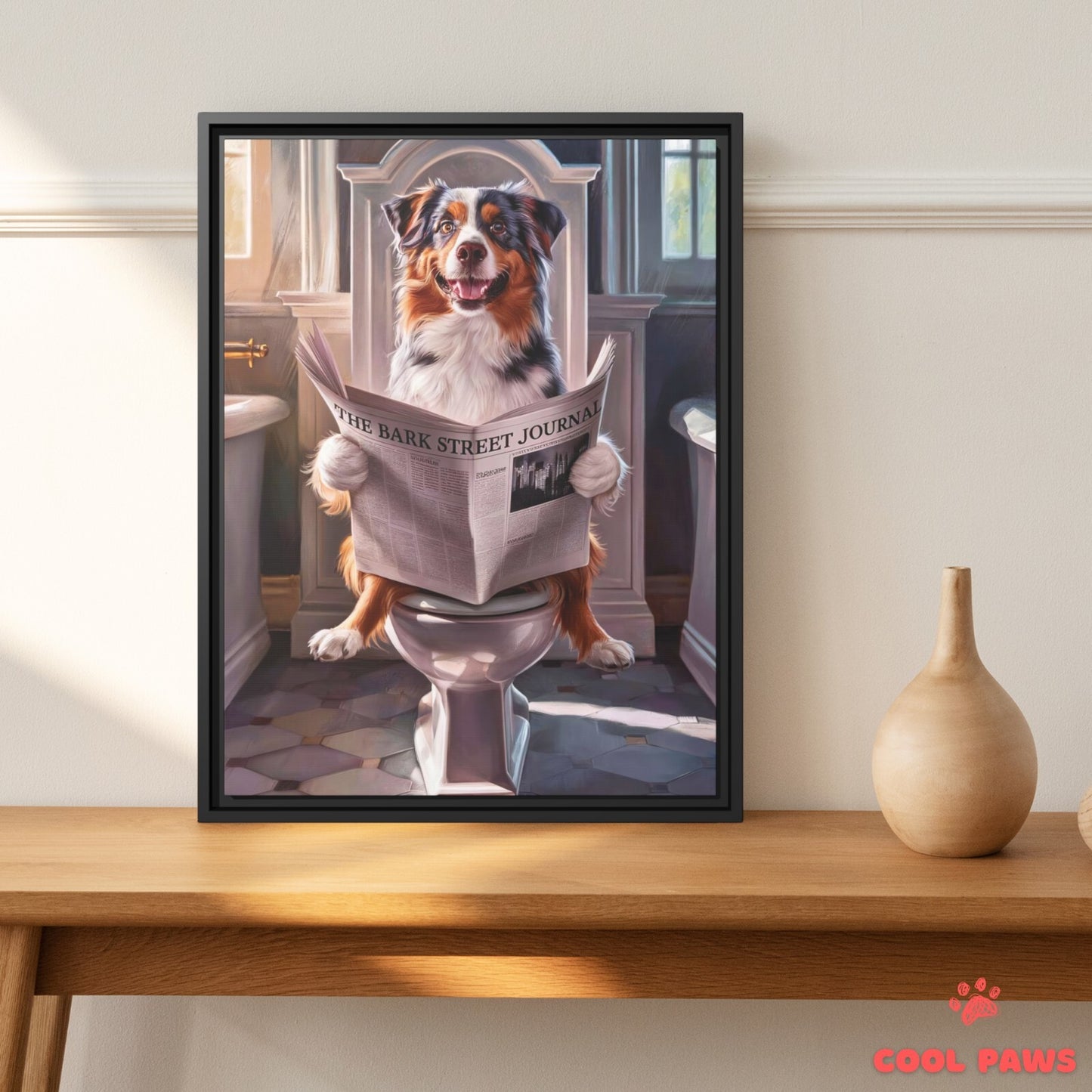 Australian Shepherd Reading the Newspaper on the Toilet