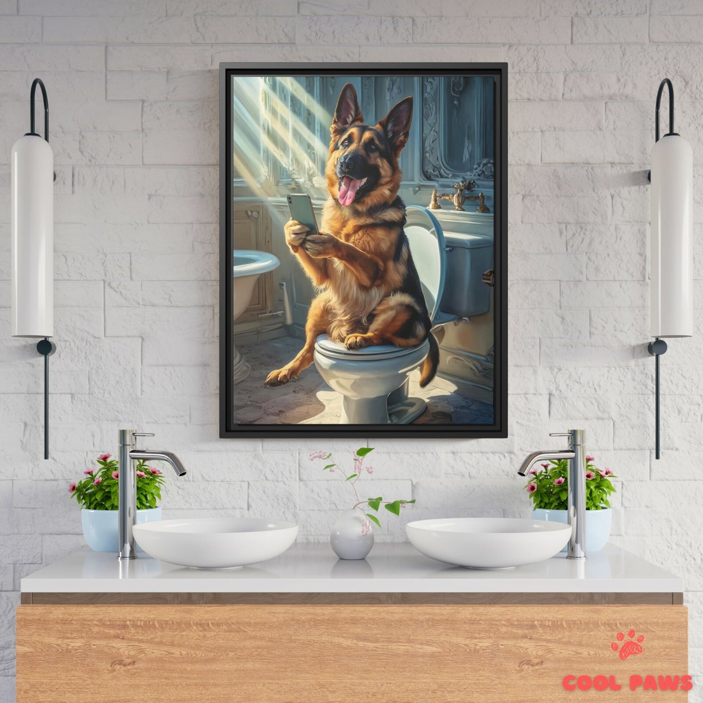 German Shepherd on the Toilet with a Smartphone