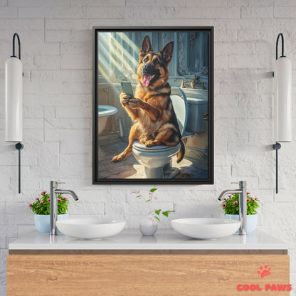 German Shepherd on the Toilet with a Smartphone