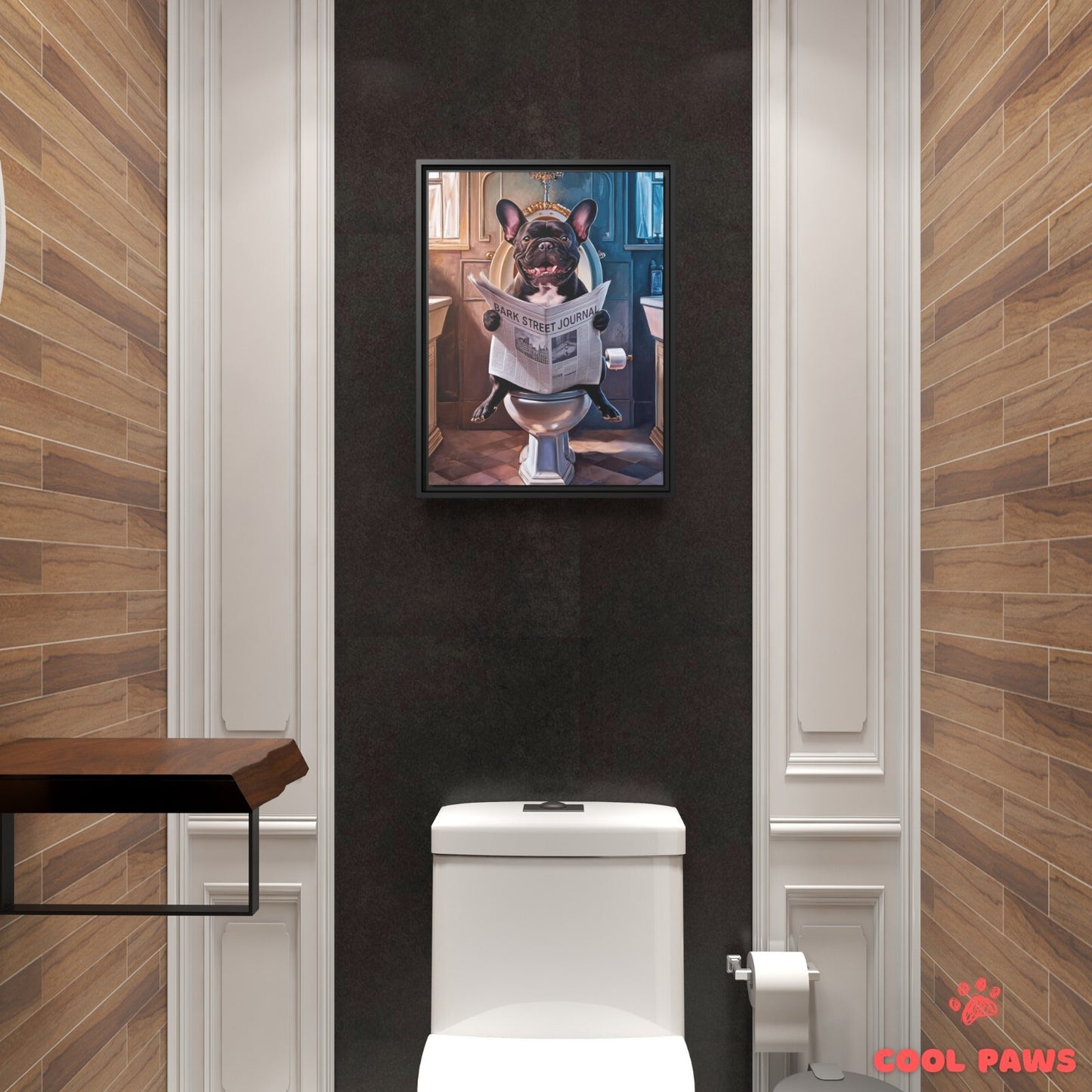 French Bulldog Reading the Newspaper on the Toilet