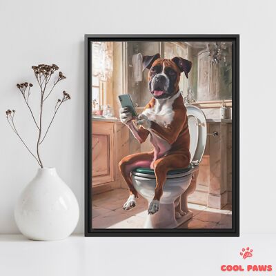 Boxer Dog on the Toilet with a Smartphone