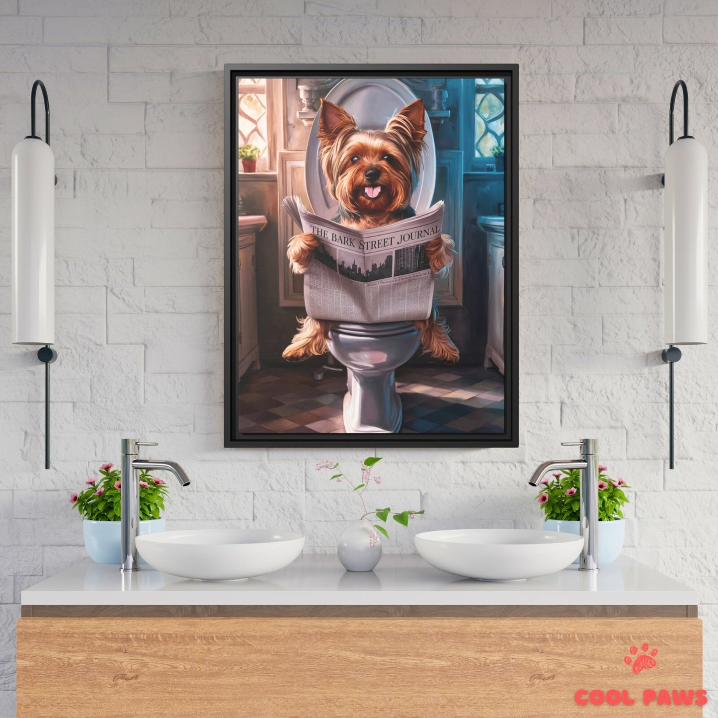 Yorkie Reading the Newspaper on the Toilet