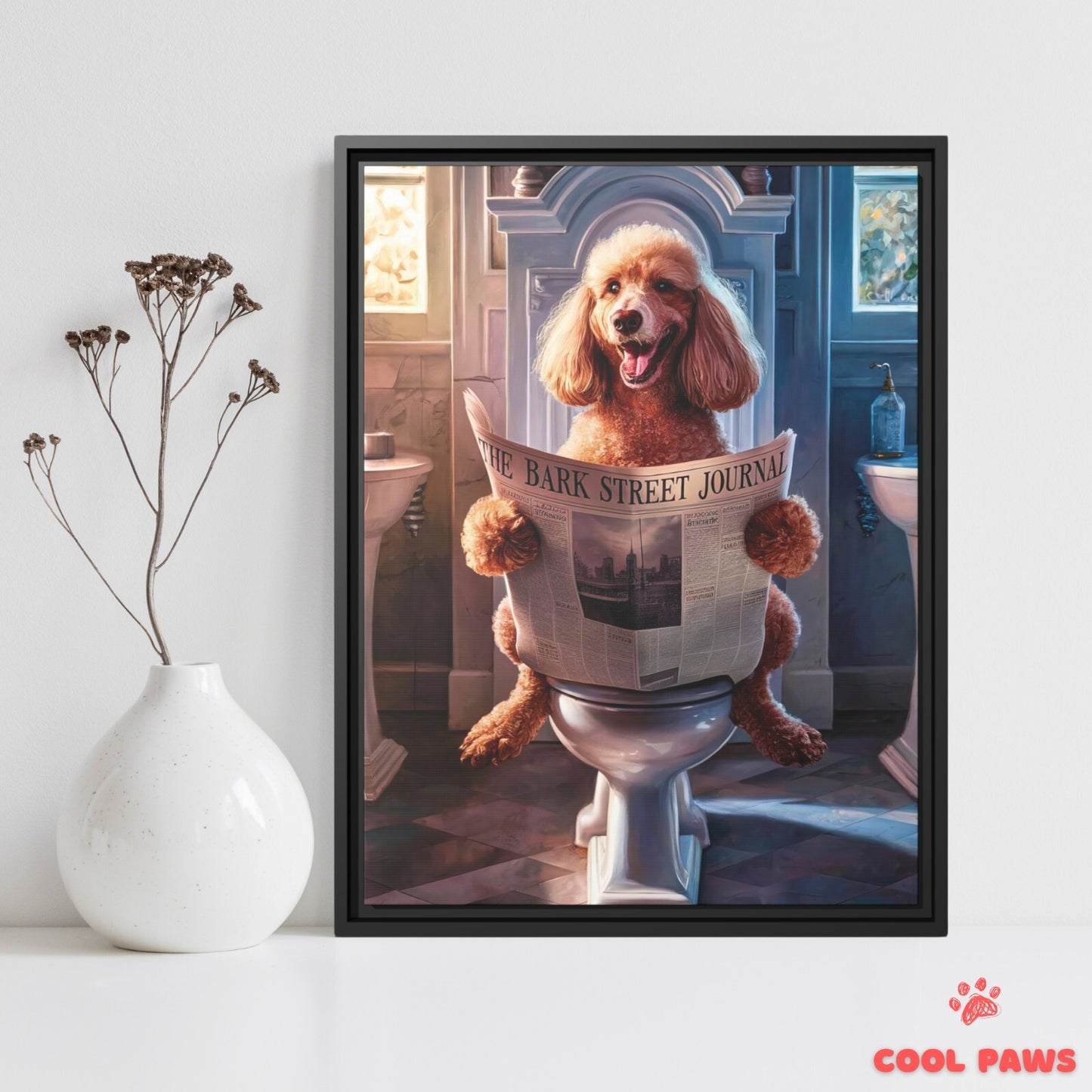 Poodle Reading the Newspaper on the Toilet