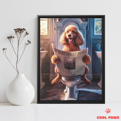 Poodle Reading the Newspaper on the Toilet