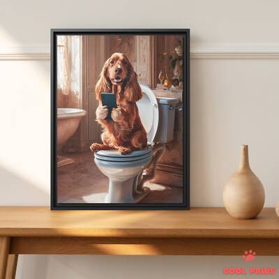 Cocker Spaniel on the Toilet with a Smartphone
