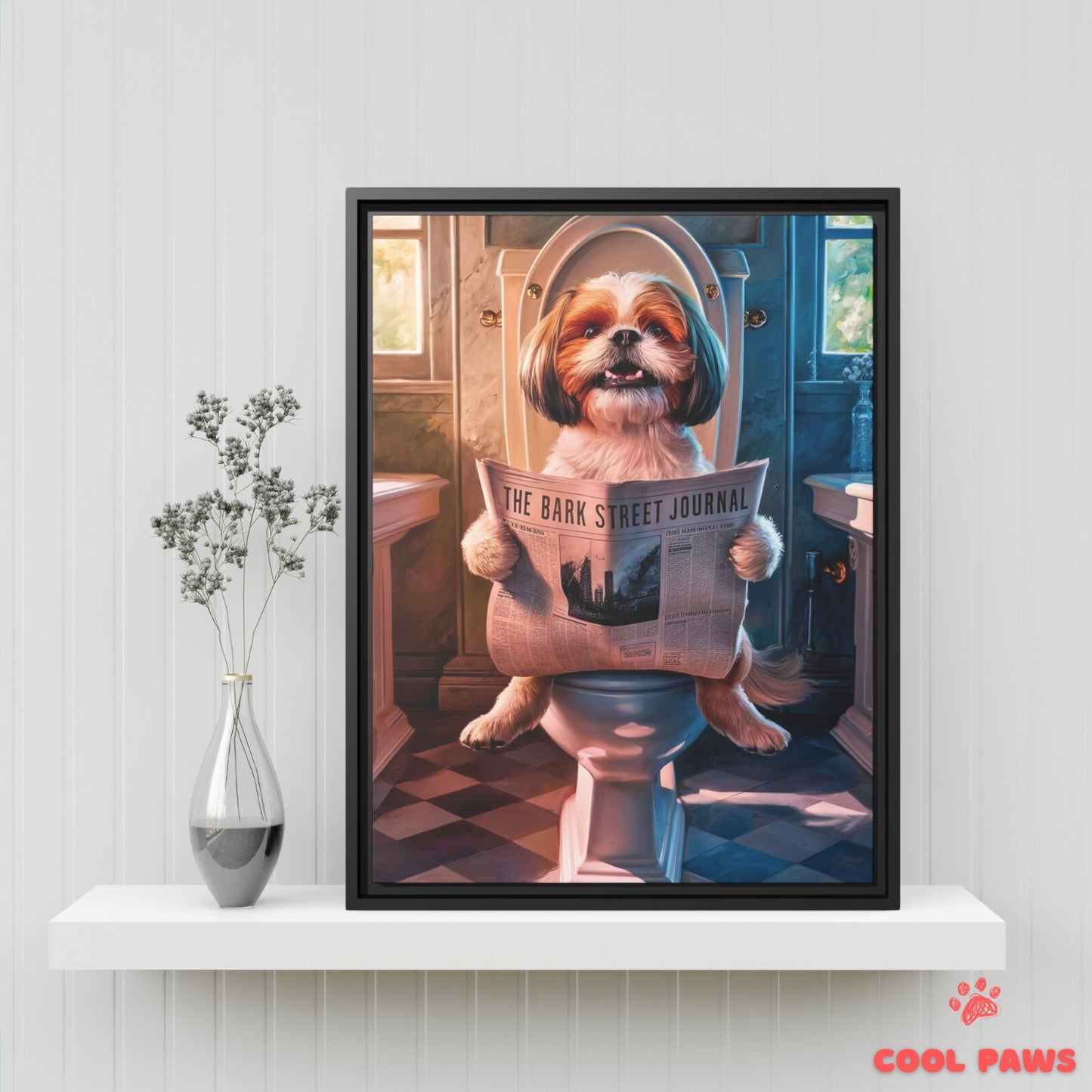 Shih Tzu Reading the Newspaper on the Toilet