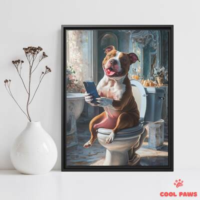 Pit Bull on the Toilet with a Smartphone